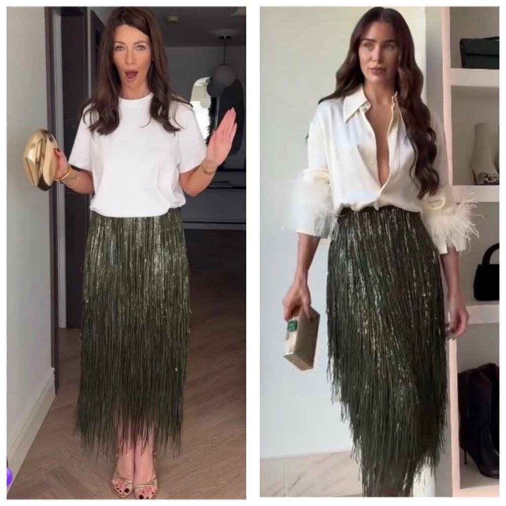 Zara Fringed Sequin Green Tassel Midi Skirt 9125/101 Size Large Party Cocktail - Picture 12 of 12